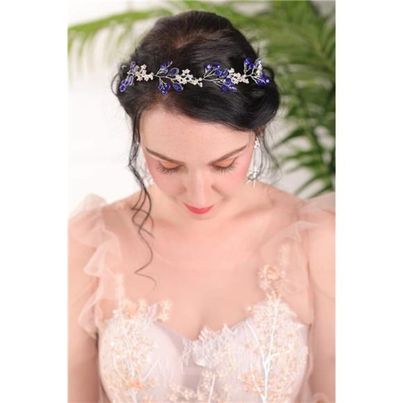 Fxmimior Bridal Headpiece Blue Sapphire Rhinestone Headband Blue Crystal Hair